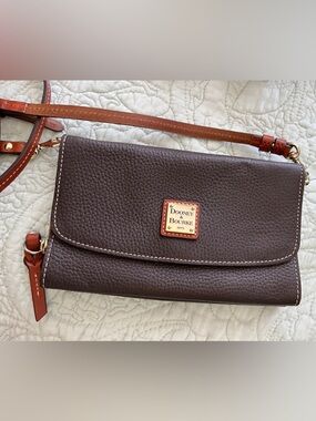 Dooney & Bourke Brown Pebbled Leather Crossbody Wallet with Tan Strap